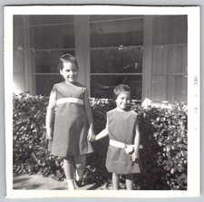 Vtg B&W Snapshot Two Young Girls Holding Hands IN Matching Mod Style Dresses