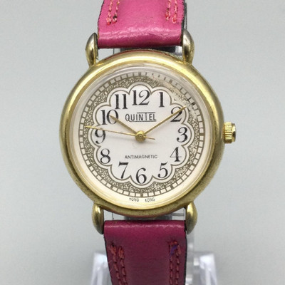 Quintel Womens Manual Wind Watch 31mm Gold Tone Floral Dial Pink Pigskin Strap