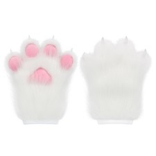 HAOAN Furry Faux Fur Fox Cat Paws Gloves Animal Fursuit One Size, White