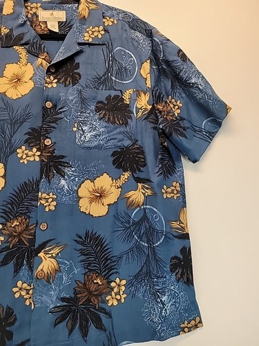 Camicia blu 100% seta hawaiana ibisco floreale casual uomo grande Paradise Coll. - Foto 5 di 7