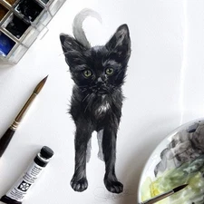 Original Watercolor Little Panther Kitty 5x8 Painting Unique Artwork Wall Art