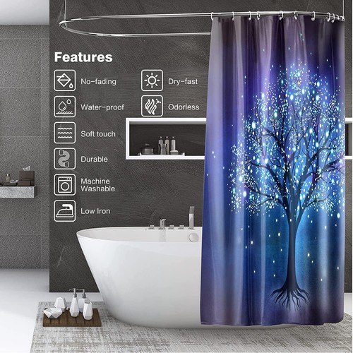 Shower Curtain Blue, Tree of Life Shower Curtains for Bathroom with Hooks, Po... - Picture 4 of 5