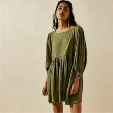 Free People Beach Green Get Obsessed Babydoll Mini Dress Long Balloon Sleeve XS