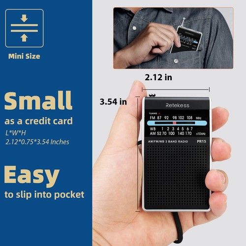 PR15 Pocket NOAA Wetterradio, AM FM Notfall Wetter Radio tragbar, littl... - Bild 3 von 9