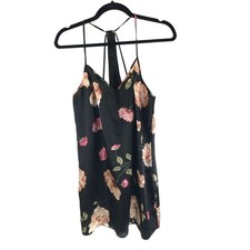 Gilligan  OMalley Floral Black Satin Nightgown Slip Dress Strappy S