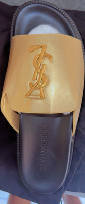 Saint Laurent Women's Yellow Black Logo Slide Sandals Leather Slip On EU 40