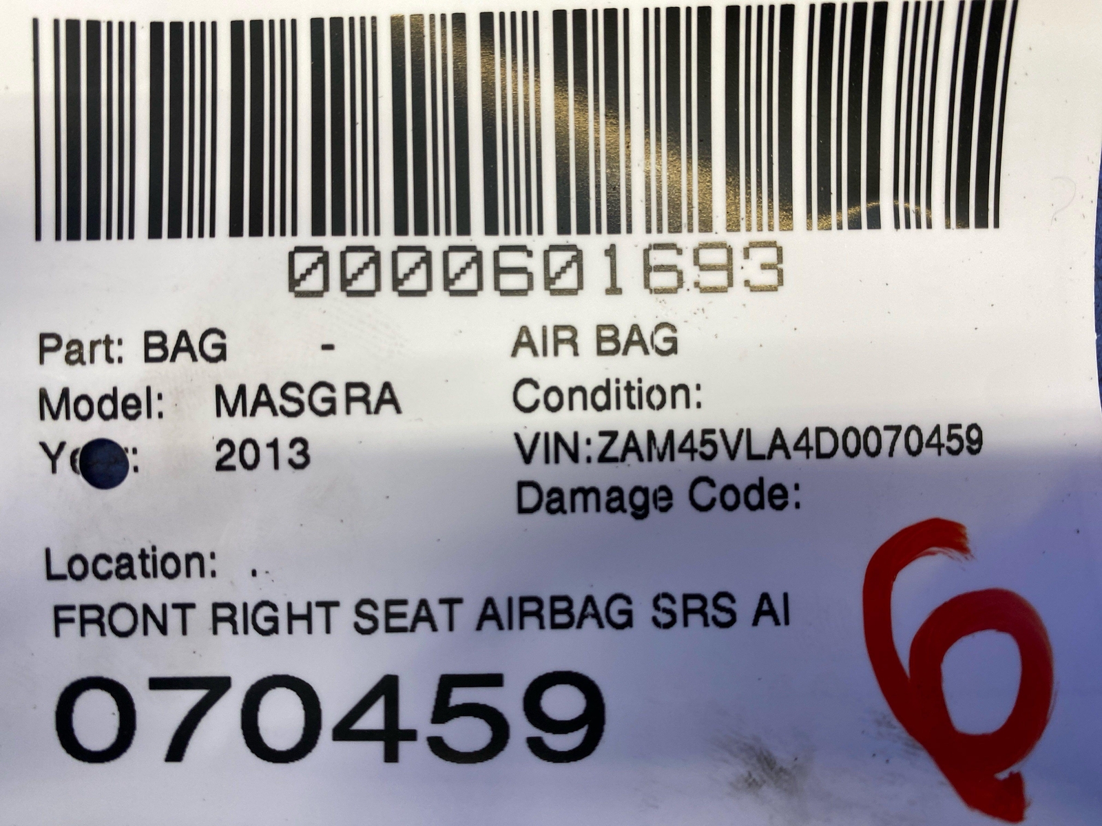 2008-2014 MASERATI GRANTURISMO FRONT RIGHT SEAT AIRBAG ASSEMBLY OEM