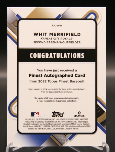 2022 Topps Finest - Whit Merrifield Gold Refractor #FA-WM On-Card Auto /50 - Picture 2 of 2