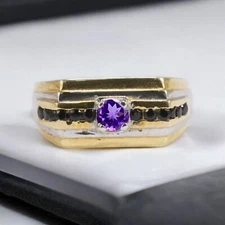 Amethyst Round Cut With 925 Sterling Silver Gold Plated Ring For Men's #667