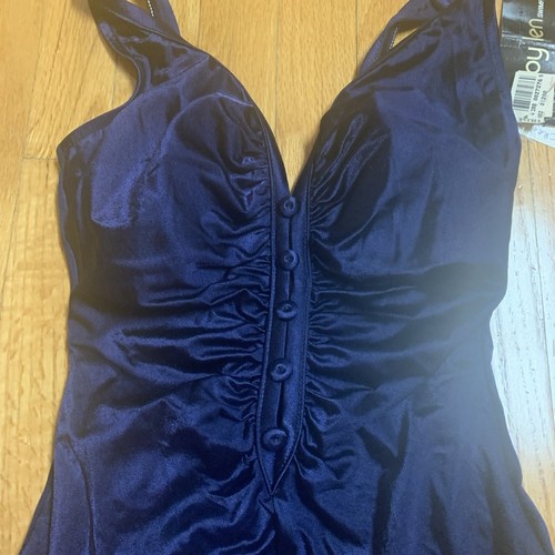 Vtg NWT One Piece Robby Len Swimsuit Navy Blue Second Skin Buttons Size 12 Cute!