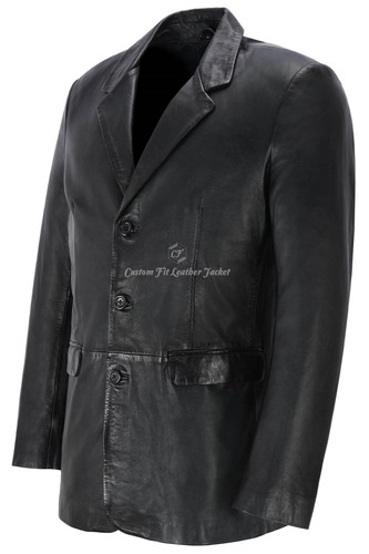 Men's Leather Blazer Black Classic Italian Tailored Soft Real Leather Slim Jim - Picture 2 of 9