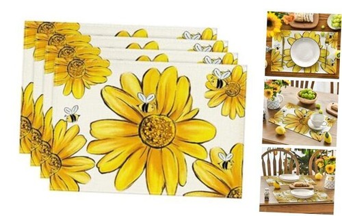 Bee Sunflower Summer Placemats Set of 4, 12x18 Inch Seasonal Spring Flowers