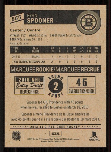 2013-14 O-Pee-Chee #565 Ryan Spooner RC - Picture 2 of 2