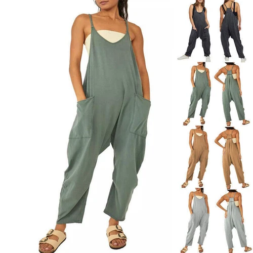 Overalls Freizeit Strampler ärmellos lose Spaghettiriemen Baggy Tasche für Damen - Bild 1 von 42