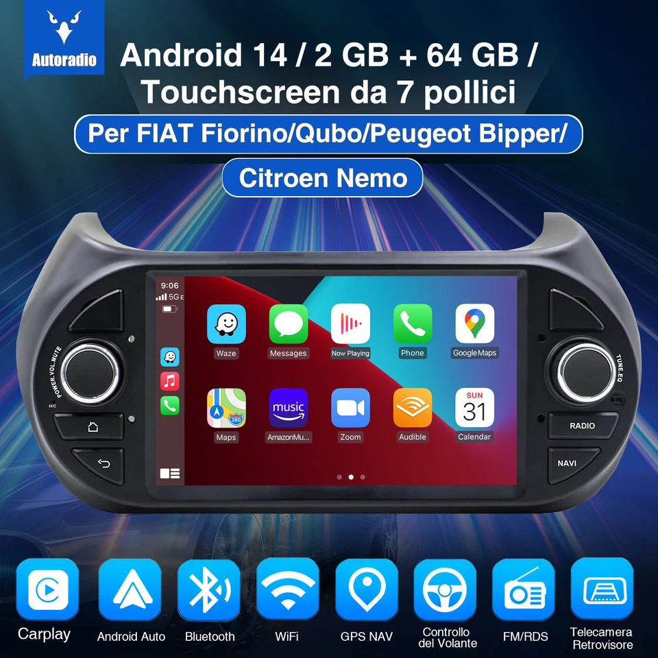 Android14 DAB+ Autoradio 2+64G Carplay GPS Kam RDS Per FIAT Fiorino Qubo Citroen - Immagine 2 di 4