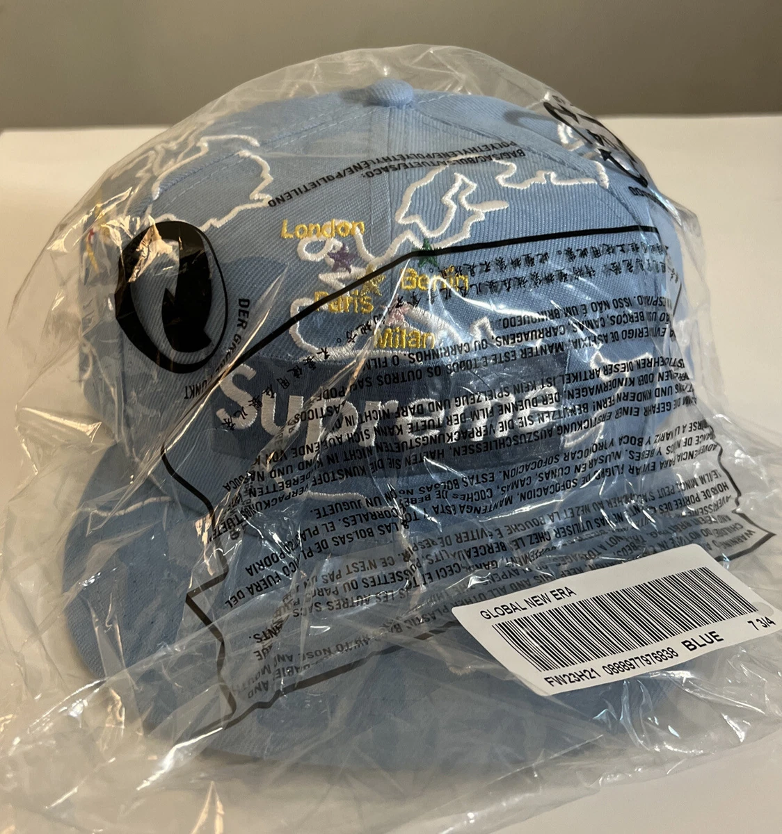 SUPREME WORLDWIDE BOX LOGO LT BLUE NEW ERA HAT SZ 7 3/4 FW23 WEEK 1  (AUTHENTIC)