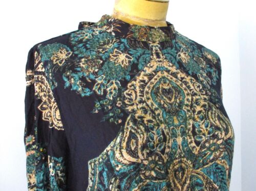 NWT Free People teal fantasy swirl gauzy rayon boho dress layered flare cuff L - Picture 3 of 7