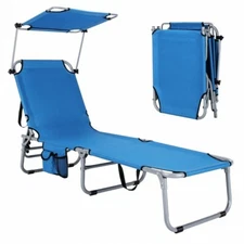 Foldable Lounge Chair Outdoor Adjustable Beach Pool Recliner W/Canopy Shade Blue