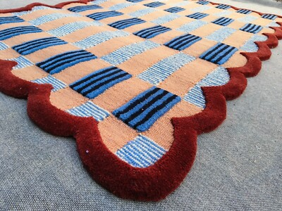 #ad #ad Handmade Checkered Wool Rug Blue Red Scalloped Geometric Carpet Living Room $272.01