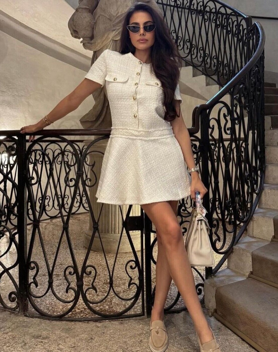 Zara ZW Collection Short Tweed Textured Dress Ecru Size XS S M L