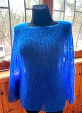 Women Hand Knit Cornflower Blue Jumper Mesh Kid Mohair Wool Loose Fit Sweater