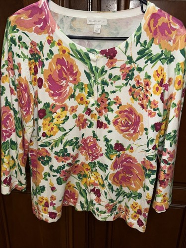 Charter Club Women Sweater Sz L Floral Cardigan Knit Button Up Faux Rhinestone - Picture 7 of 16