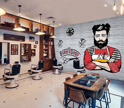 3D Gray Wood E943 Hair Cut Barber Shop Wallpaper Mural Wall Print Murals CA Erin