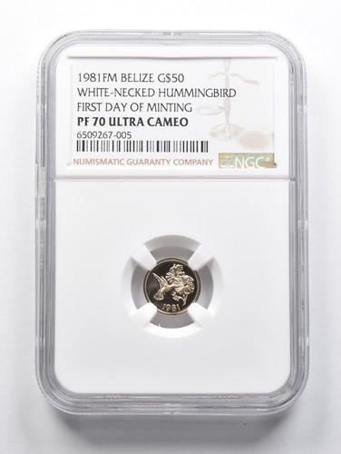 PF70 UCAM 1981 FM Belize $50 Gold White Necked Hummingbird FDOM NGC *1560