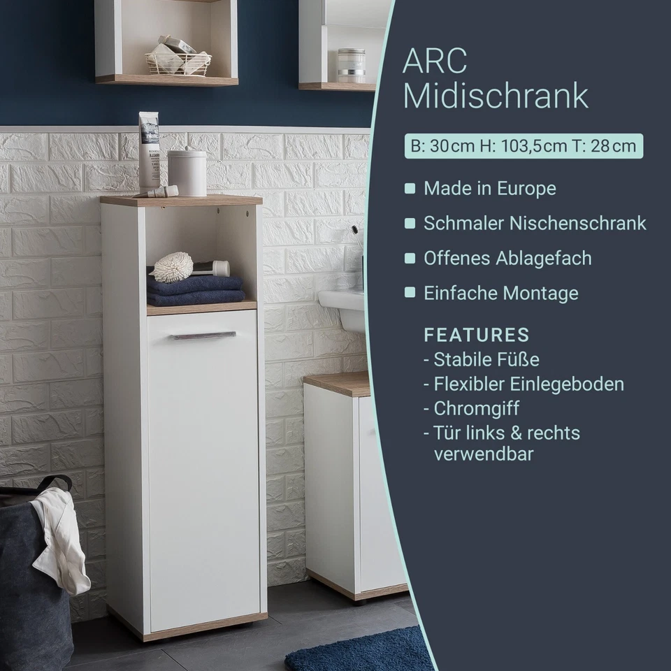 BadeDu ARC Midischrank 30 cm Breit Badmöbel Badschrank Weiß Badezimmerschrank - Bild 2 von 4