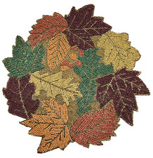 NEW TAHARI FALL AUTUMN LEAVES BEADED ROUND PLACEMAT,CENTER PIECE,15" CHARGER
