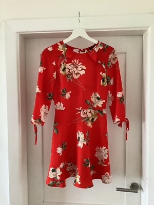 Ladies Red Floral Mini Dress By Topshop Petite Used Size UK