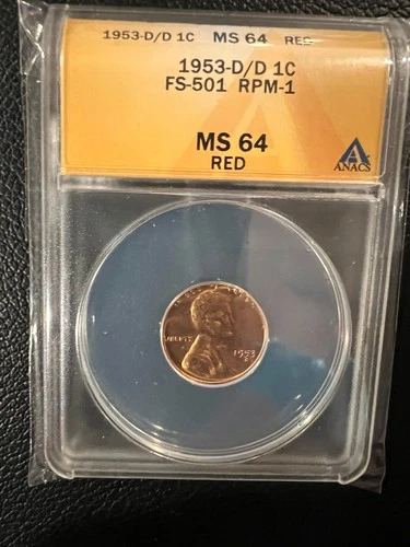 1953-D Lincoln Wheat Small Cent ANACS MS64 RD FS-501 RPM-1 Repunched Mintmark