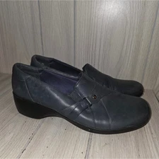 Clarks Bendables Womens Blue Leather Comfort Clogs Shoes Size 11 2" Heel Preppy