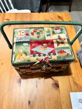 Vintage Green + Print and  Trim And Handle Sewing Basket Box Velro Close