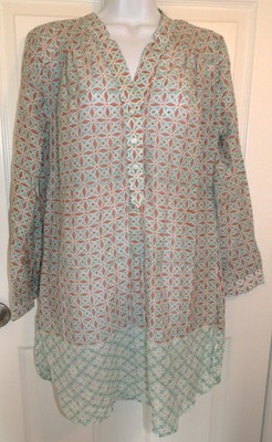 NWOT Aqua 2-Print ROBERTA ROLLER RABBIT Long Sleeve Lightweight Tunic - Medium