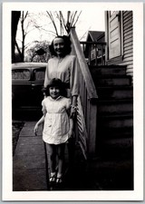 Vtg Snapshot Mother And Daughter Standing By Wooden Porch Stairs Car 1940s