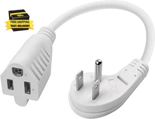 Short Flat Extension Cord - Low Profile Flat Wall Plug, 13A 3-Prong Grounded Whi
