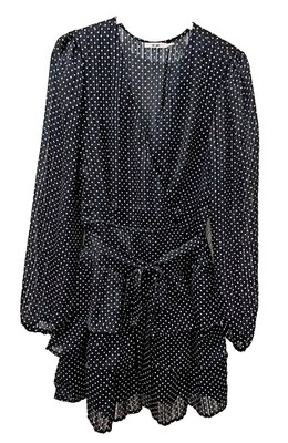 Francescas Mi Ami Dress Sz L black v neck polka dot ruffle hem tie waist