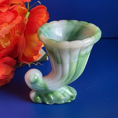 Vintage Akro Agate Slag Glass Green And White Cornucopia Mini Planter Toothpick