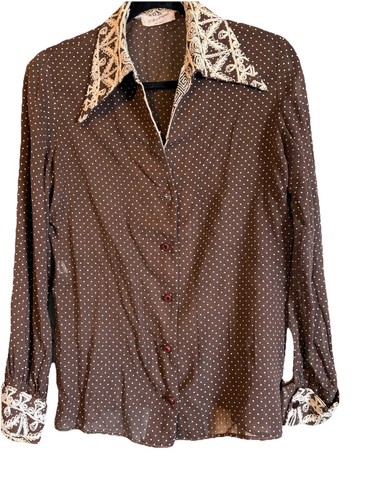 Vintage Malbe 1970s Sheer Brown Polka Dot Shirt W Embroidered Collar Sz Small - Picture 2 of 11