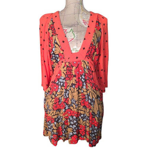 Mini Vestido Free People Talulla Talla X-Pequeño Boho Coral Tostado Floral Cuello en V - Imagen 2 de 14