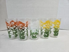5 Vintage Glass Cups Orange Yellow White Flower Floral Trees Tumbler Juice Water
