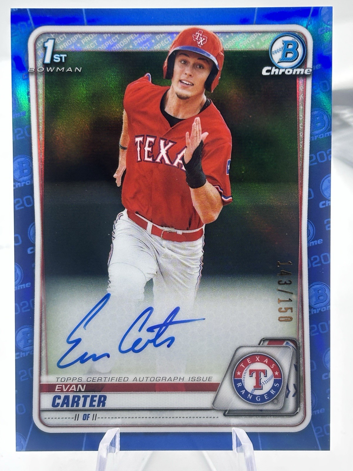 2020 Bowman Draft Evan Carter Chrome Auto True Blue /150 Rangers 1st #CDA-EC