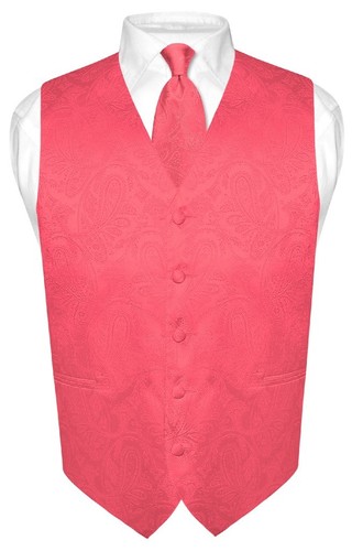 Men's Dress VEST NeckTie for Suit CORAL PINK Color PAISLEY Design Tie Hanky M - Picture 2 of 3