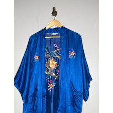 Vintage Silk Dragon Embroidered Kimono Robe Blue Statement Duster