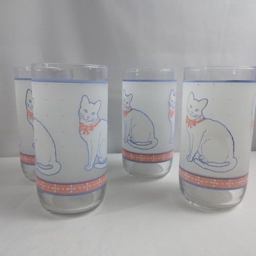 Vintage Libbey Set Of 4 Cat Drinking Glasses White Frosted With Dots Blue Pink - Picture 3 of 5
