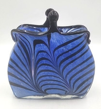 Vtg Hand Blown Art Glass Swirl Feather Print Style Glass Purse/Handbag Vase