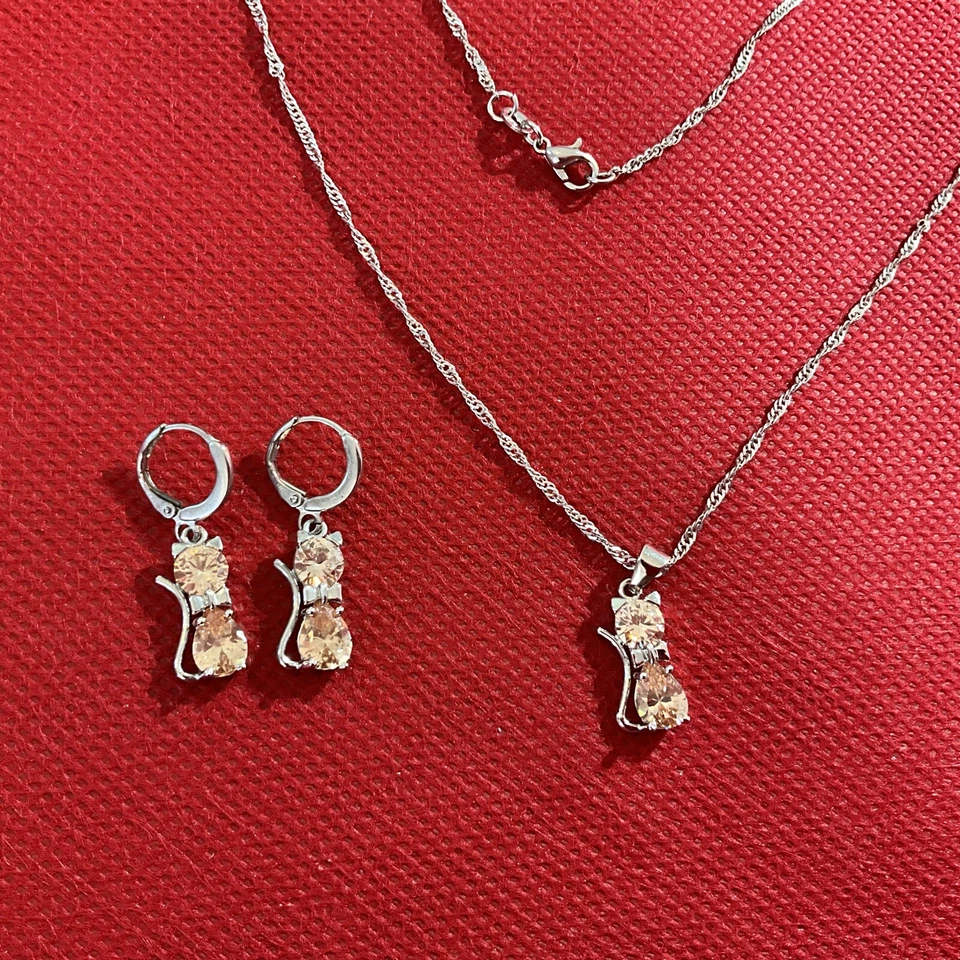 Juego de joyas de 2 piezas collar y pendientes plata 925 ámbar piedra gato Foto 3 de 4