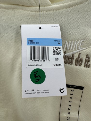 Nike Oversized Fit Fleece Cropped Hoodie Just Do It Cream Youth Girls Size M NEW - Picture 3 of 7