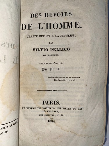 Silvio Pellico de Saluces Von den Pflichten des Mannes Abhandlung Jugendgeschenkt 1834 - Bild 1 von 3